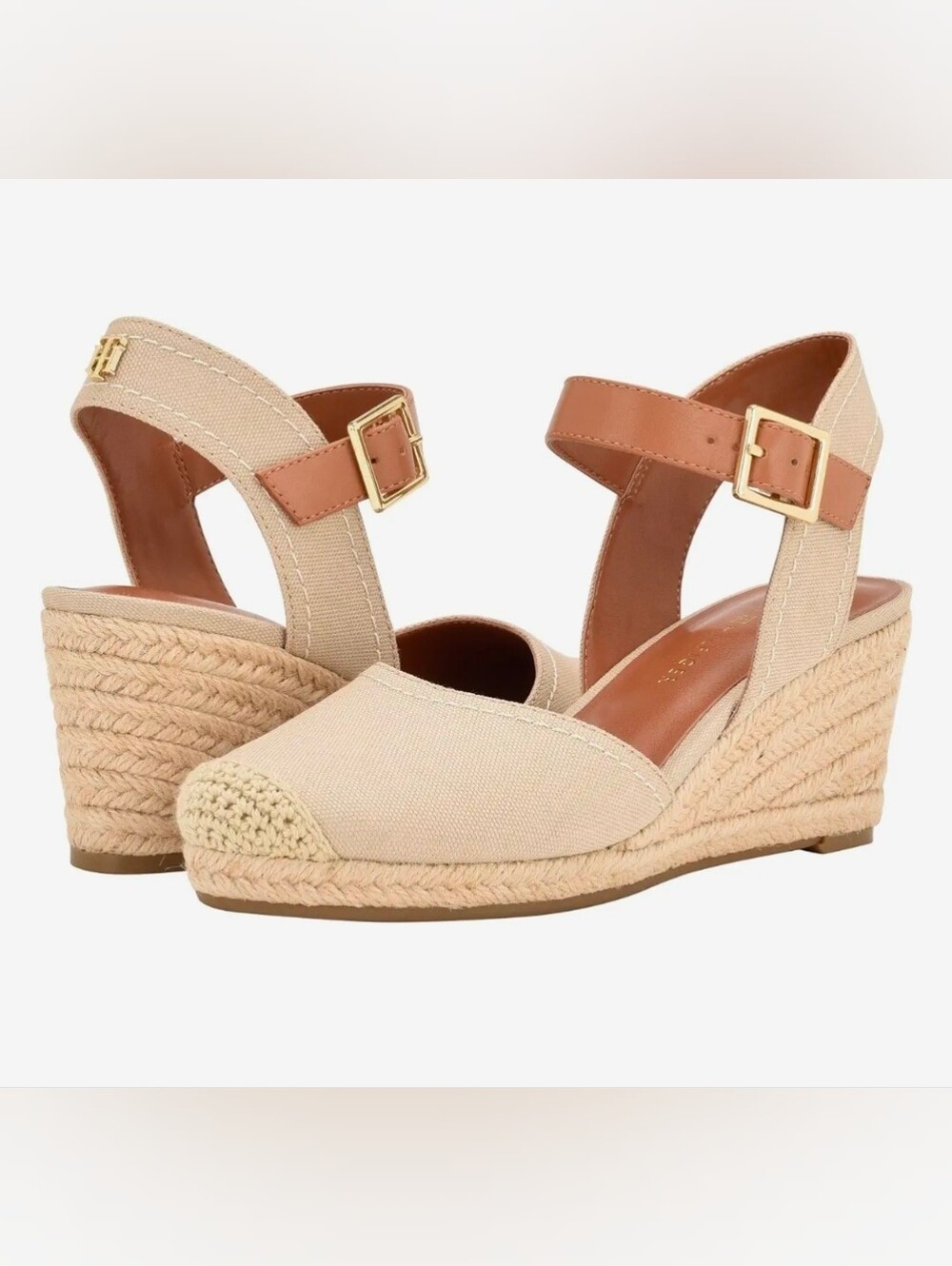 Tommy Hilfiger Nilsa Beige Espadrille Wedge Sandals with Ankle Strap Size 8.5